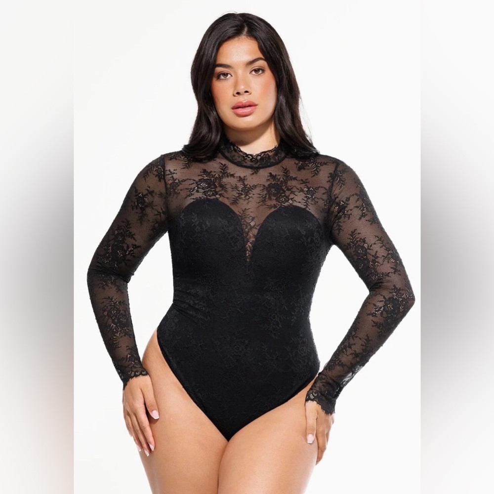 Popilush Sheer Lace Long-Sleeve Bodysuit - Black - Medium